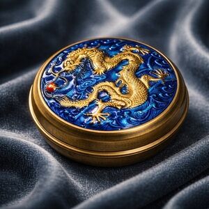 Vintage Chinese Enamel Snuff /Trinket Box-Dragon & Orb-Cobalt Blue /Gold Enamel